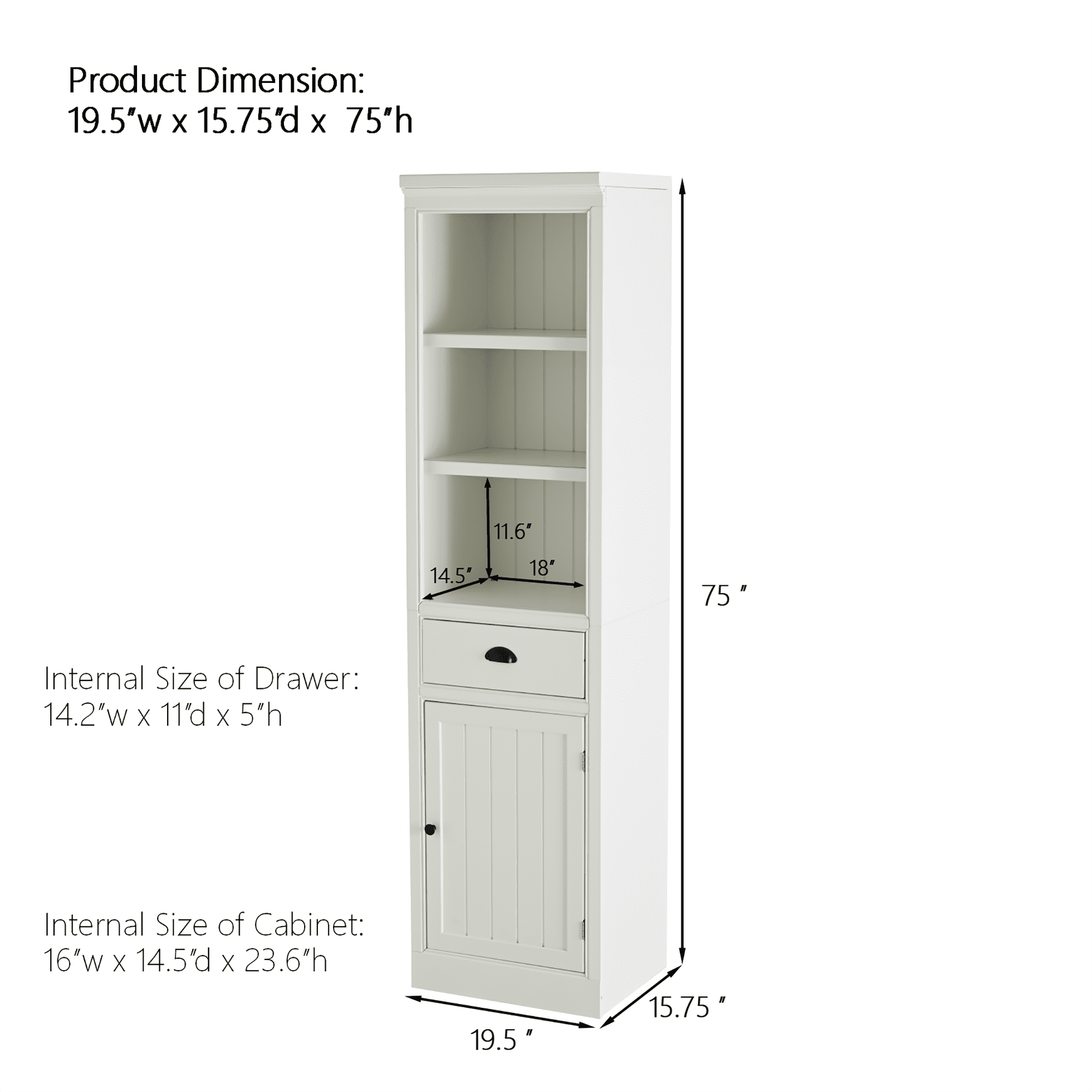 Bookcase with Cabinet, Storage Bookcase&nbsp;Vintage Bookshelf with 1 Drawer, 2 Fixed Shelves, for Living Room, White MDF, 75 Inch H, Narrow