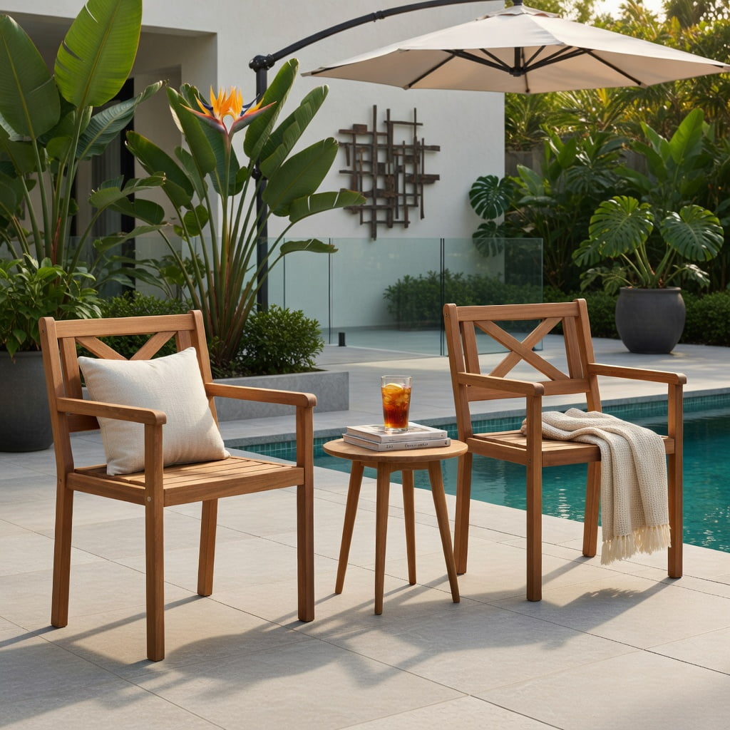 Hommoo Set of 2 Outdoor Acacia Wood Patio Dining Chairs, Teak Finish, Ergonomic Slatted Design for Deck, Porch & Garden, Natural