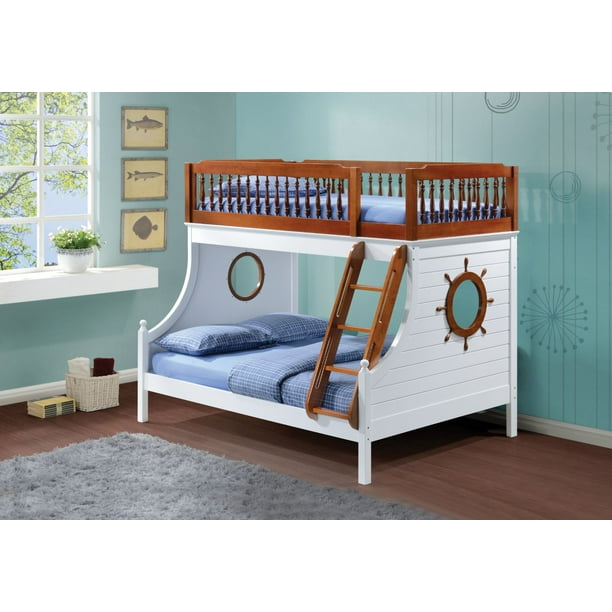 Nautical Wooden Twin/Full Bunk Bed, Oak Brown & White