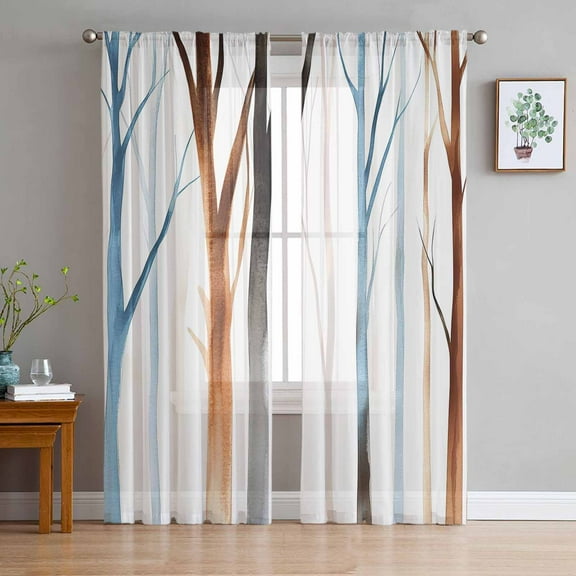 Tree Branches Sheer Curtains 84 Inches Long 2 Panels Set, Window Sheer Curtains for Living Room/Bedroom, Gradual Blue Brown Abstract Forest Plant Light Filtering Rod Pocket Curtain 52'' x 84'' x 2