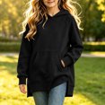 thumbnail image 6 of Qingpeng Big Kids Side Slit Hooded Pullover Top Longline Long Sleeve Sweatshirt with Front Pocket, 6 of 7
