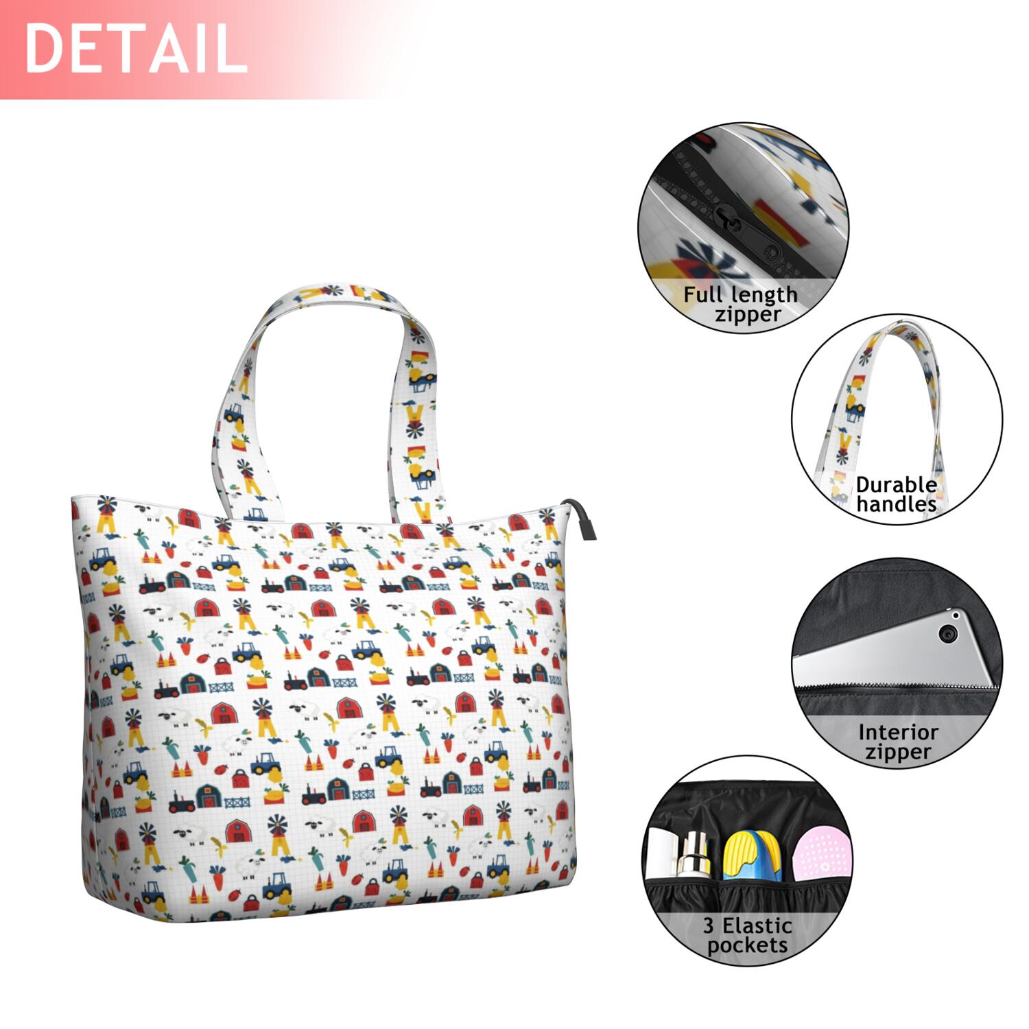 Cartoon Tractors Barns White Pattern Travel Tote Bags for Women Carry On,Large Weekender Bags for Women Travel,Multi Functional Duffle Bag for Work,Shopping,Sports