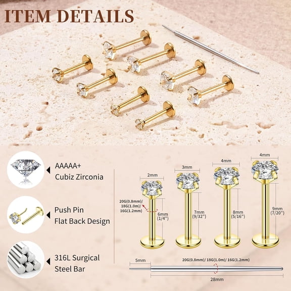 GHRTGR-9PCS 20G Nose Studs Flat Back Earrings Stainless Steel Threadless Tragus Labret Cartilage Lip Medusa Conch Body Piercing Jewelry CZ Diameter 2 3 4mm Bar Length 6 7 8 9mm for Women Men