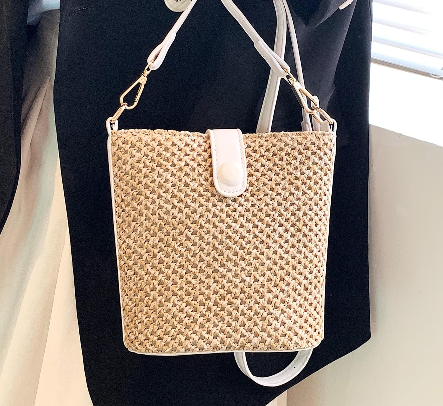 CAILDANL Women Straw Crossbody Bag Beach Handmade Rattan Shoulder Bags Hand Woven Leather Straps Straw Clutch Purse Vacation