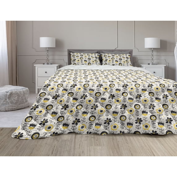 Abstract Comforter & Sham Bedding Set, Continuous Pattern of Surreal Design Flowers, 3 pcs Duvet Set Microfiber Filling Quilt, 5 Sizes, Champagne Yellow, by Ambesonne