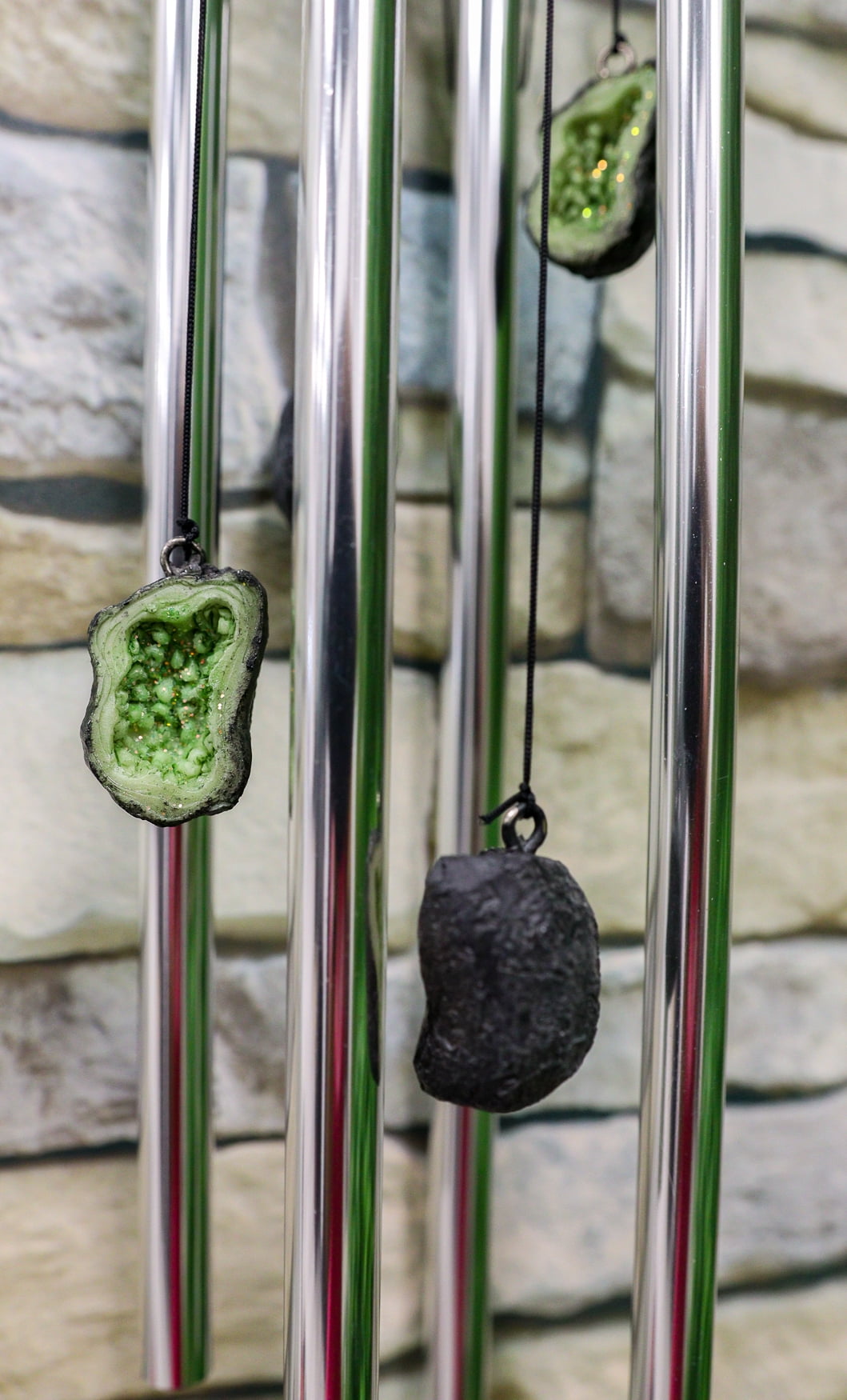 Medieval Green Dragon Guarding Emerald Crystal Geode Rock Figurine Wind Chime