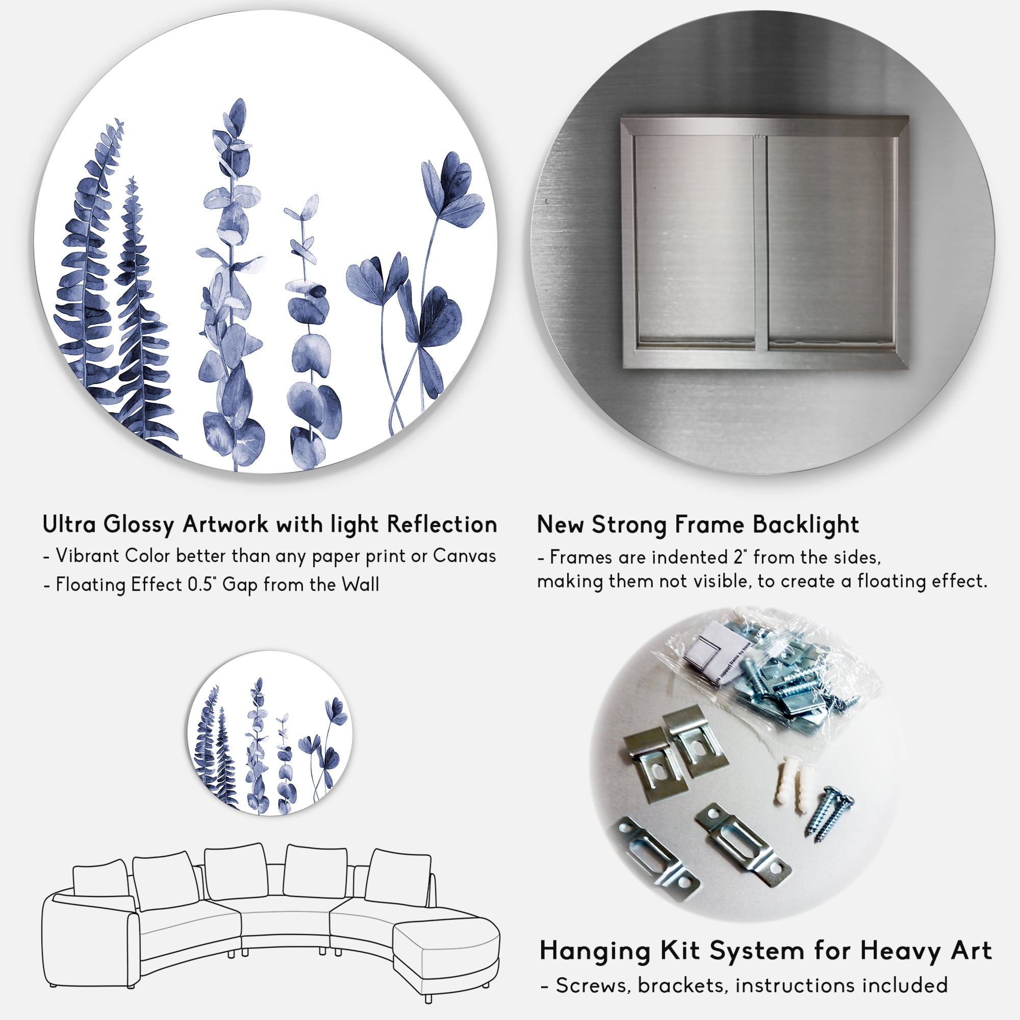 Designart 'Navy Blue Eucalyptus On White I' Traditional Circle Metal Wall Art 36x36 - Disc of 36