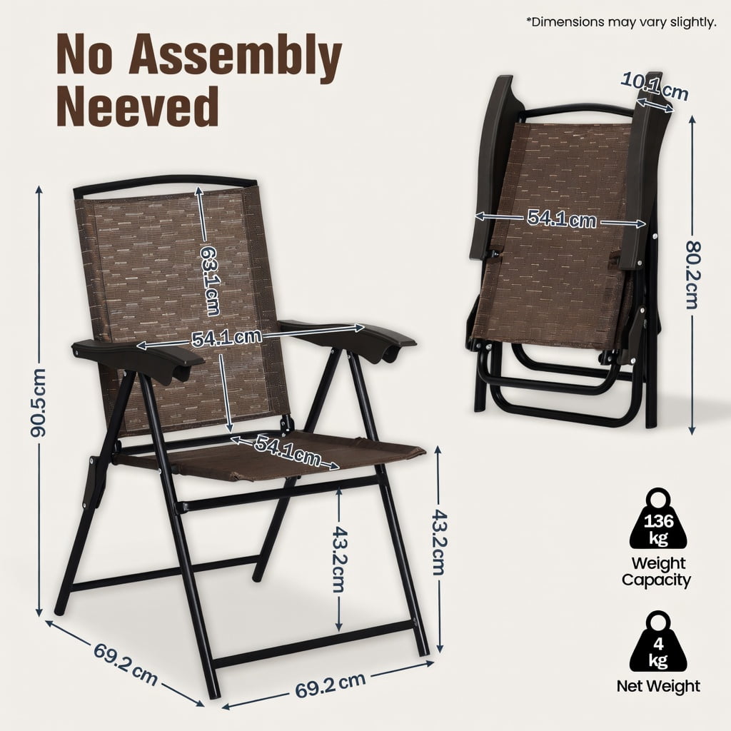 Hommoo 4-Pack Foldable Outdoor Dining Chairs with Adjustable Sling Back, Rust-Resistant Steel Frame, Breathable Fabric, for Patio, Poolside, Balcony & Indoor Use, Brown