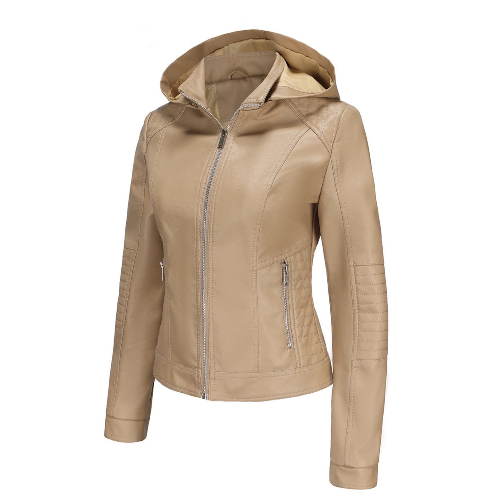 IROINNID Women's Faux Leather Jacket Long Sleeve Front Zip Pocket Biker Moto Jacket,Khaki