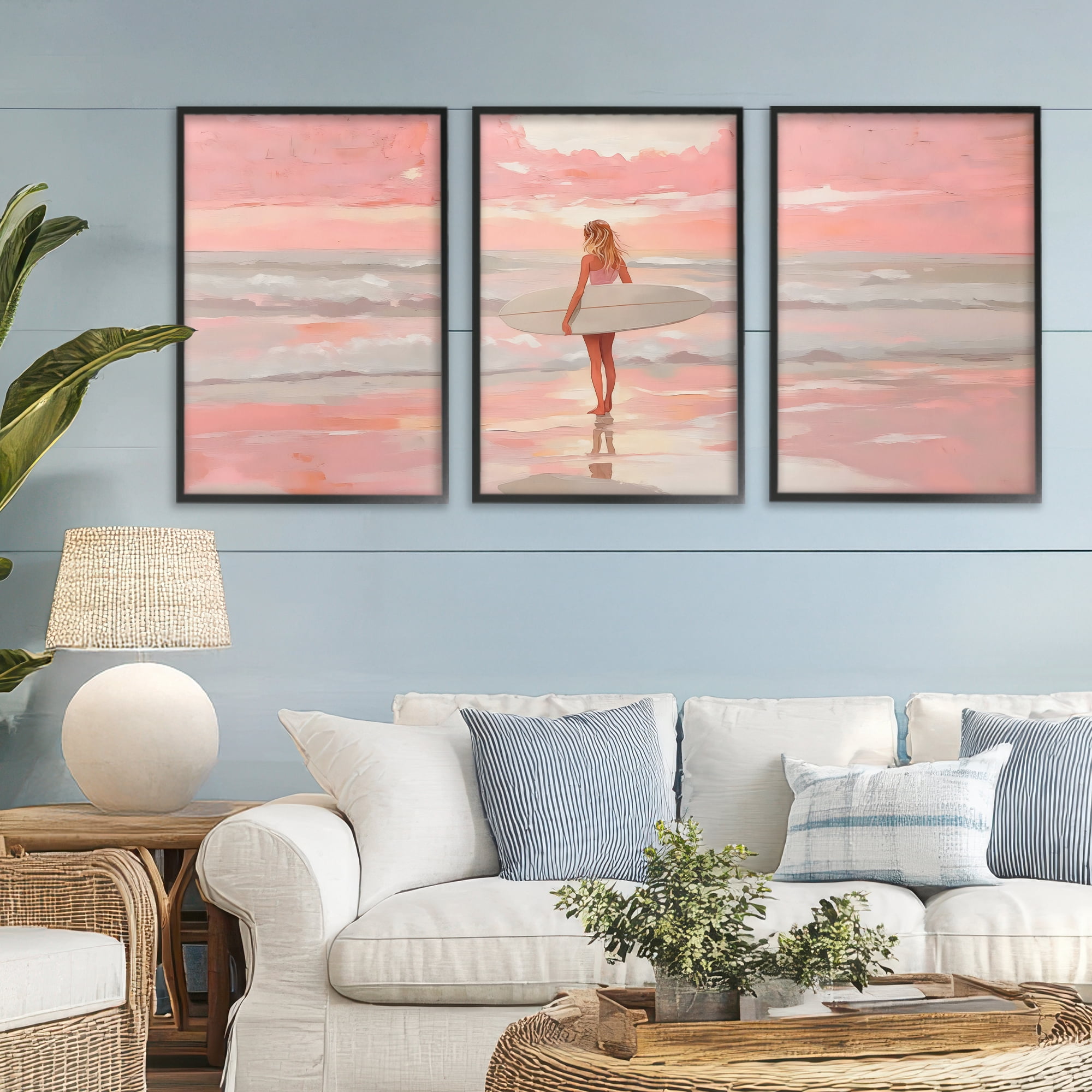 Stupell Industries Pink Sky Surfer Sunrise 3 Piece Black Framed Giclee Art Set, design by LSR Design Studio