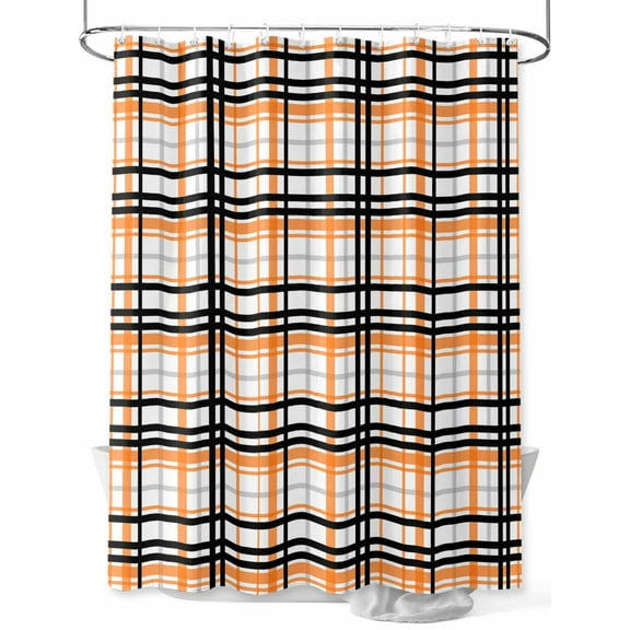 Abstract Stripes Shower Curtain, Orange Black Grey Plaid Waterproof Shower Curtain Set with 12 Hooks Lightweight Washable Fabric Shower Curtains for Bathroom 48x72 Inches