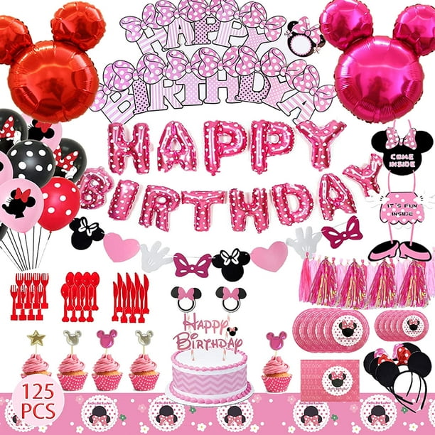 Fournitures de fête d'anniversaire Minnie Mouse, bannière, vaisselle,  nappe, ballons, décorations de gâteau 125 pièces décorations Minnie pour  les décorations de 1er et 2e anniversaire pour les filles, pour 10 invités 
