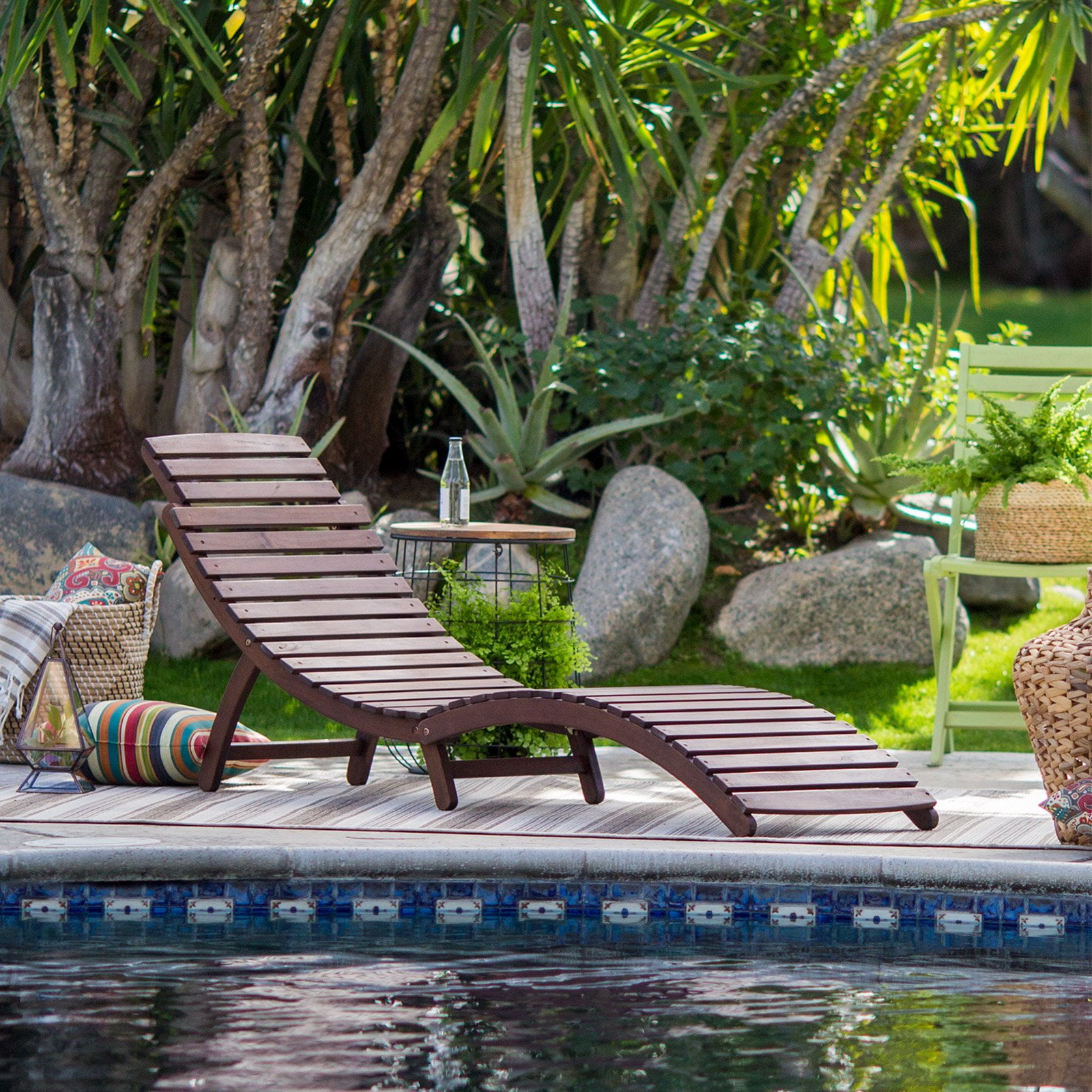 Coral Coast Rema Wave Wood Patio Chaise Lounge Dark Brown by