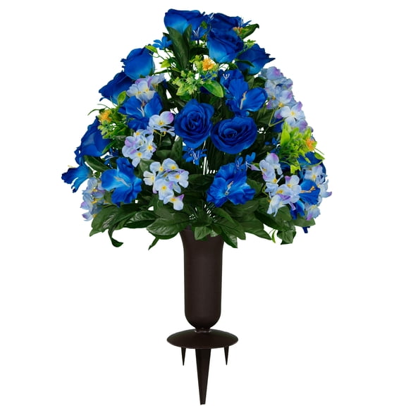 Sympathy Silks Artificial Cemetery Flowers - Blue Roses and Hydrangeas - Bouquet with Vase