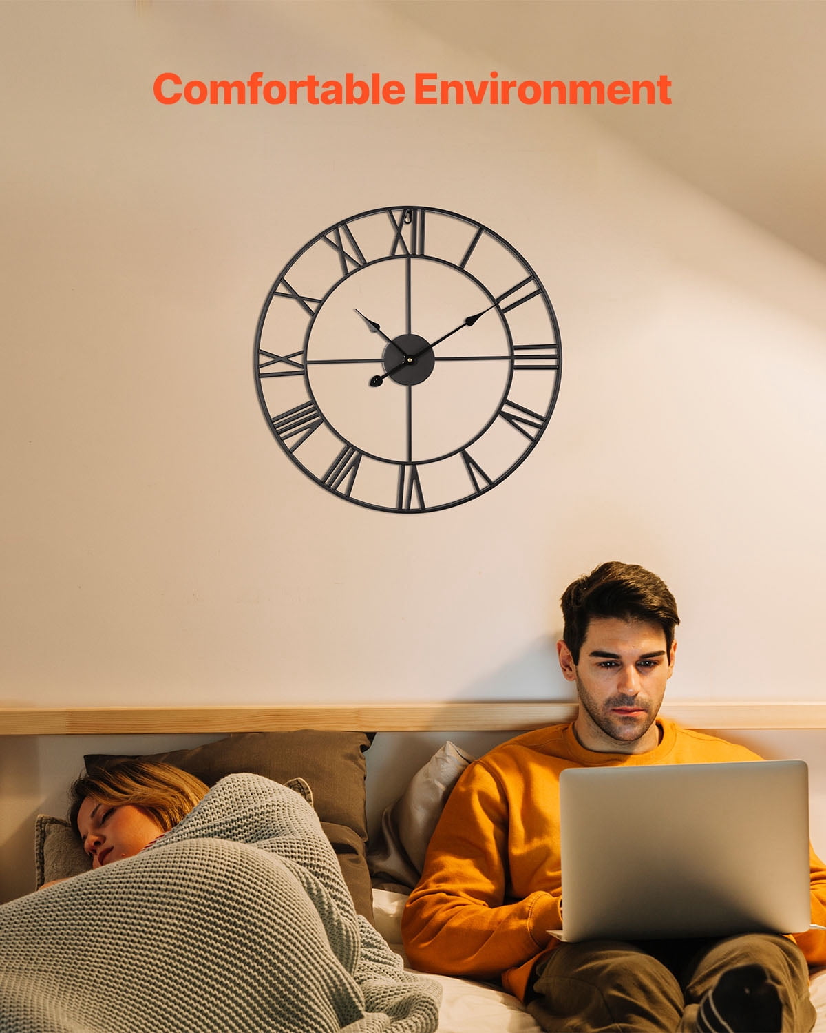 KFFKFF 24in Decorative Wall Clock with Roman Numerals, Battery-Powered Round Clock for Living Room, Bedroom, Office, Farmhouse Style, Black