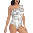 thumbnail image 3 of Salouo Hand Drawn Rabbit Pattern One Shoulder Ruffled One Piece Swimsuit for Women V Neck Swimwear Tummy Control Bathing Suit-Medium, 3 of 6