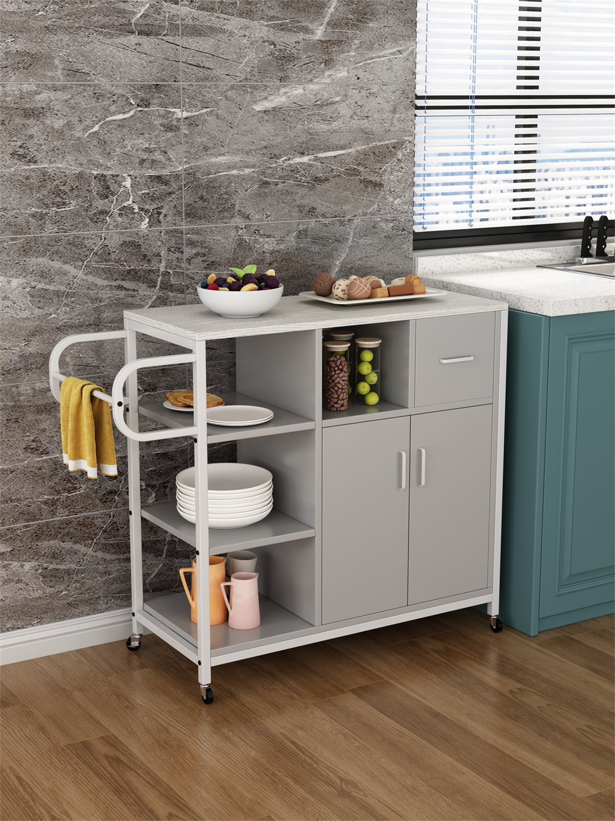 Kitchen Island Cart, Move Kitchen Storage Cabinet 3 Tier Bar Serving ...