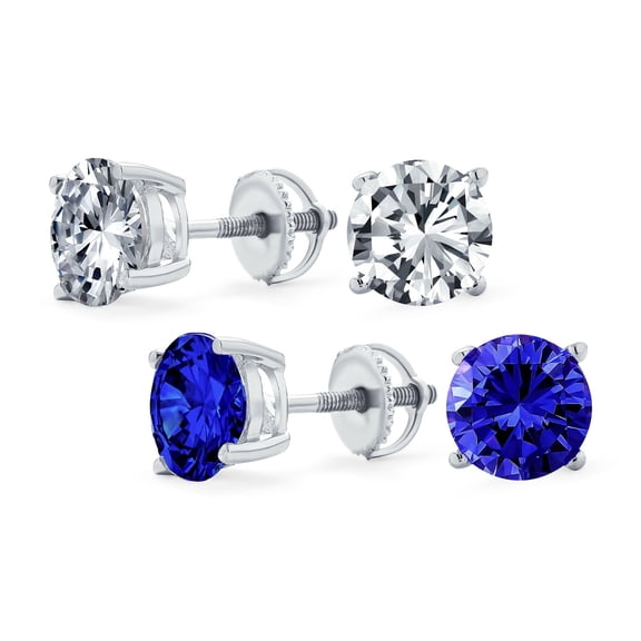 Bling Jewelry Womens Set of 2 Round Blue Clear CZ Stud Earrings Sterling Silver 5MM Screw Back