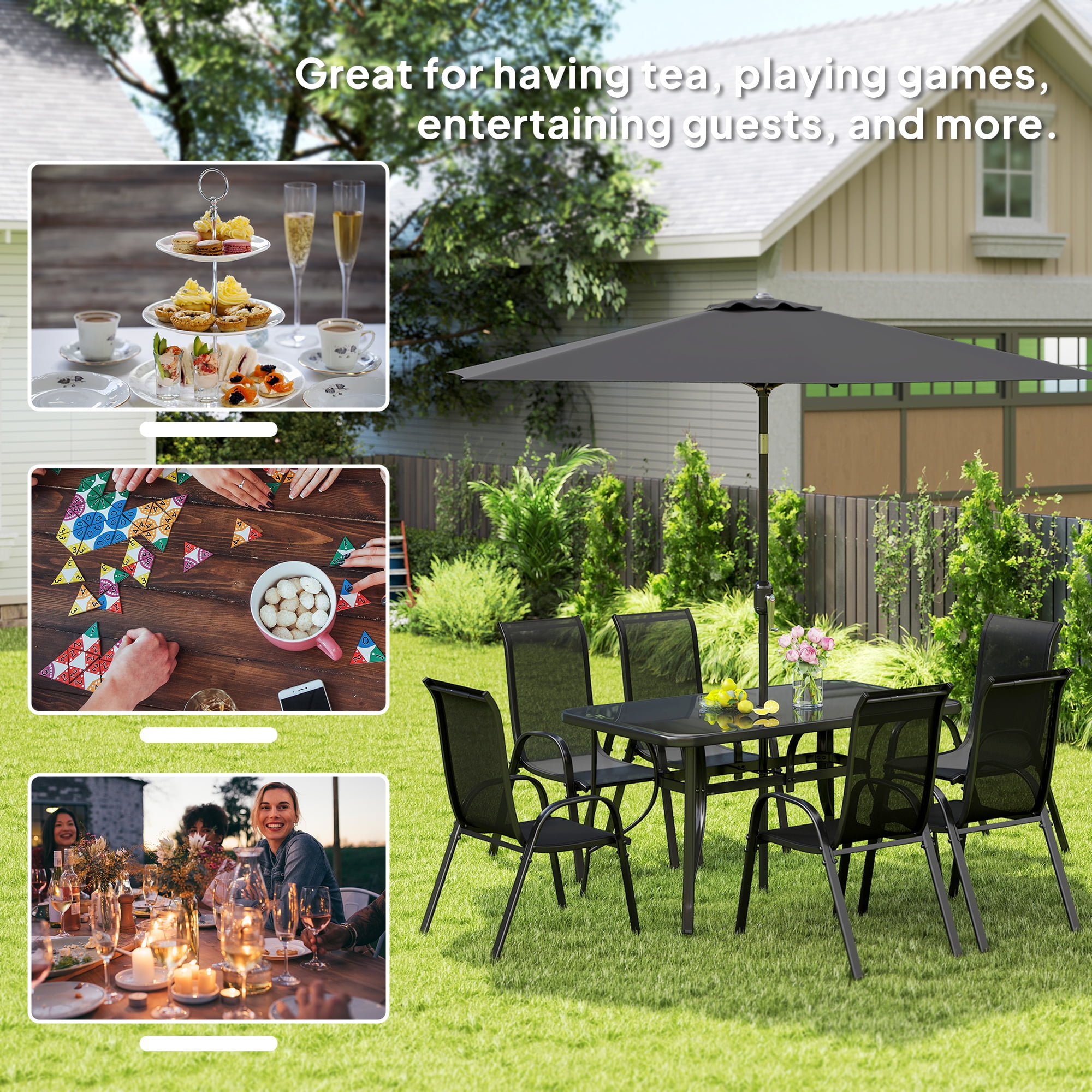 Outsunny 8 Piece Patio Furniture Set with Umbrella, Outdoor Dining Table and Chairs, 6 Chairs, Push Button Tilt and Crank Parasol, Glass Top, Black