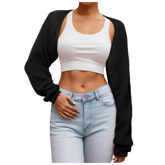 Yzengfg Women Knit Long Sleeve Bolero Cardigans Cropped Arm Sleeves Shawl Sweater Going Out Black