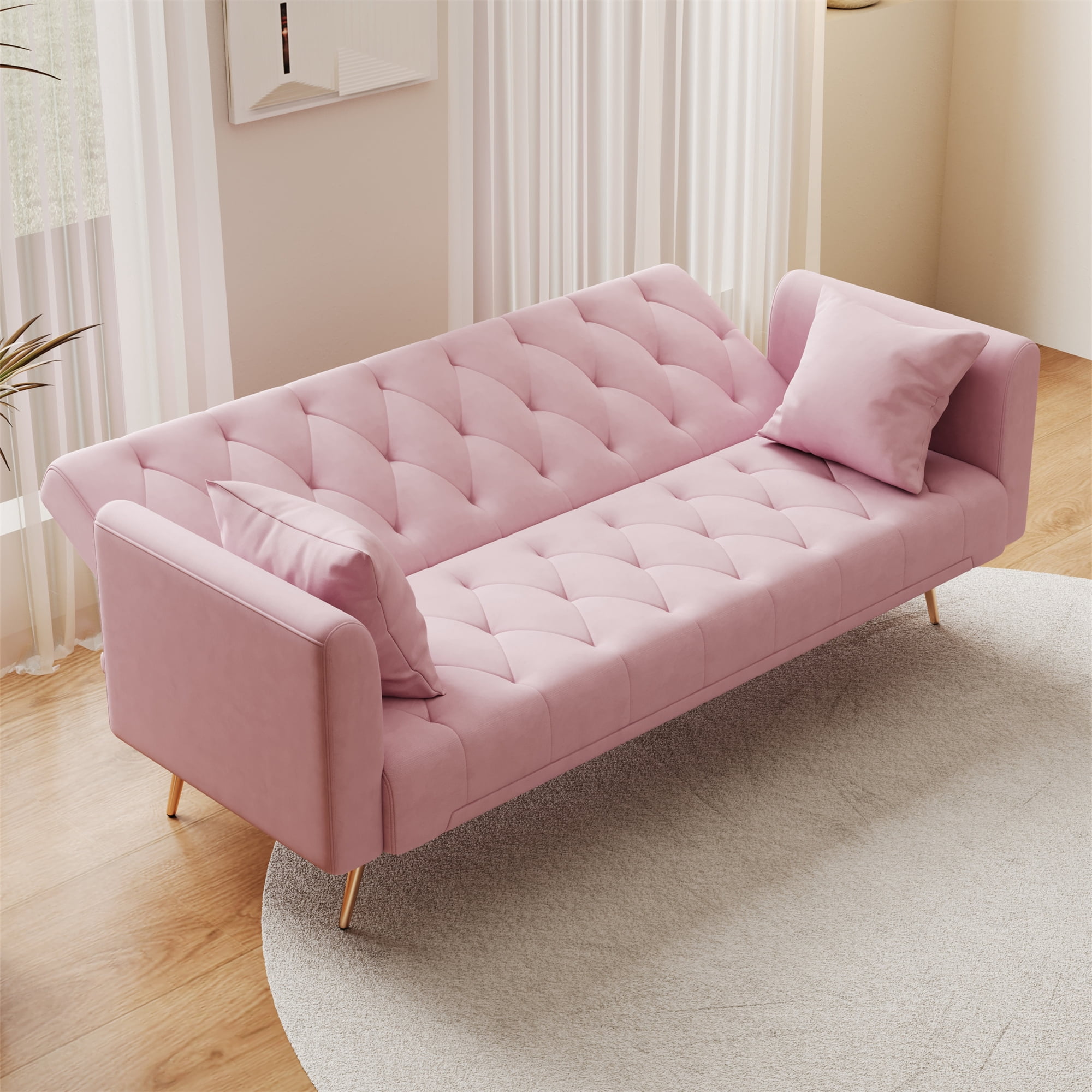 Aukfa Curved Arm Futon Convertible Sofa Bed for Home Office, 2 Pillows, Tufted Back, Velvet, Pink