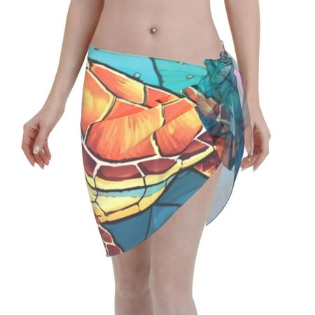 Qekee Sea Turtle in Coral Women s Short Sarongs Cover Ups Sheer Bikini Wraps for Swimwear