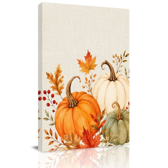 Canvas Wall Art, Thanksgiving Maple Berries Framed Canvas Prints for Living Room Bedroom, Fall Leaves Pumpkins Beige Extra Large Gallery Wrapped Wall Decor for Home Office, Gifts, 24"x36"