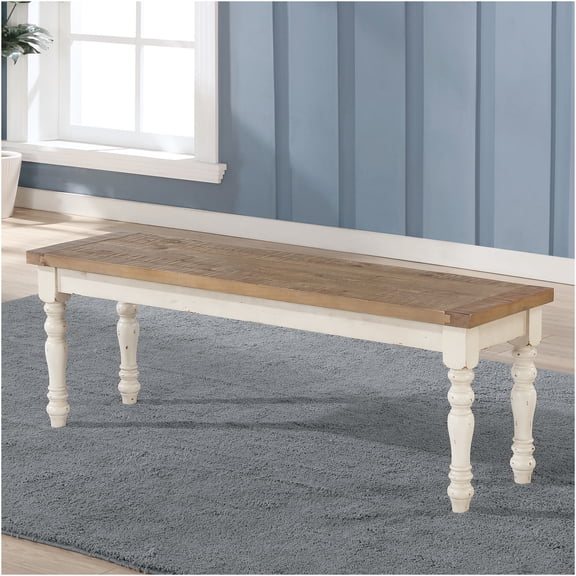 JERFIT Two-Tone Wood Upholstered Dining Bench Antique White and Distressed Oak