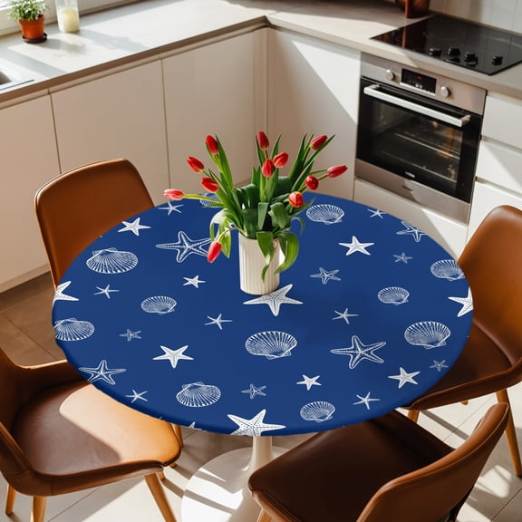 Round Fitted Tablecloth with Elastic Edge, Sea Starfish Shell on Navy Blue Fitted Table Cloth for Round Tables 36-44in, Coastal Ocean Creature Waterproof Tablecloth for Outdoor Picnic Party