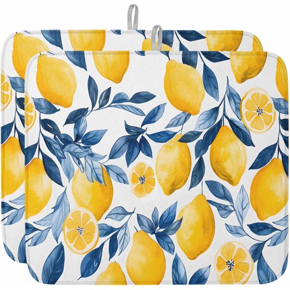 Kitchen Drying Mat for Counter Watercolor Lemon Blue Leaves on White Absorbent Dish Mats Foldable Microfiber Drainer Pad Summer Fruit Plate Holder Mat for Countertop Sink Decor