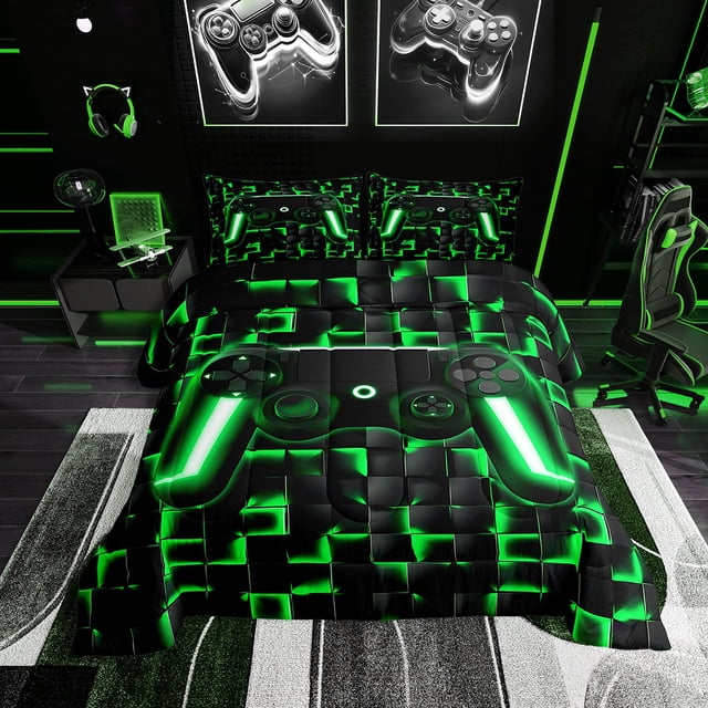 YST Ensemble de Douillette de Jeu pour Garçons, Literie de Gamer Simple, Noir Réversible, Vert, Imprimé à Carreaux