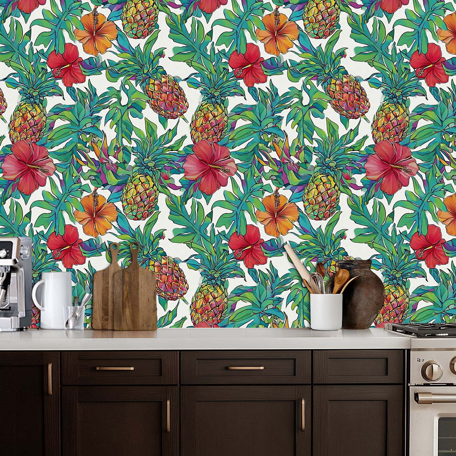 Peel and Stick Wallpaper Colorful Tropical Pineapple Hibiscus Floral Wall Mural 17.7in x 9.8ft Self Adhesive Removable Wall Paper Renter Friendly Wallpaper for Nursery Bedroom Cabinets