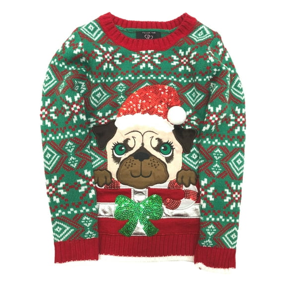It's Our Time Girls Green Sequin Puppy Dog Holiday Christmas Sweater Large 10-12