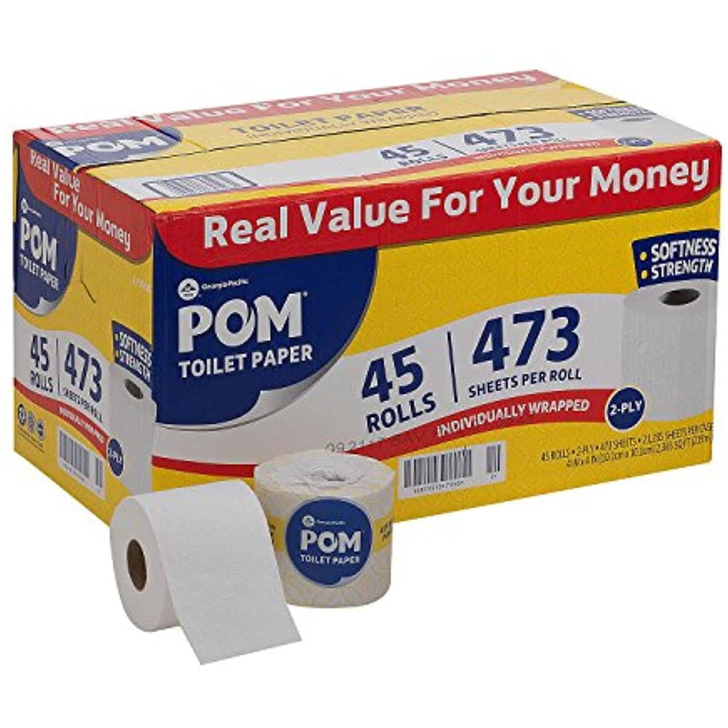 POM Bath Tissue, 2-Ply, White, 473 Sheets/Roll, 45 Rolls/Carton (23.5 x 13.5 x 12.5 inches)