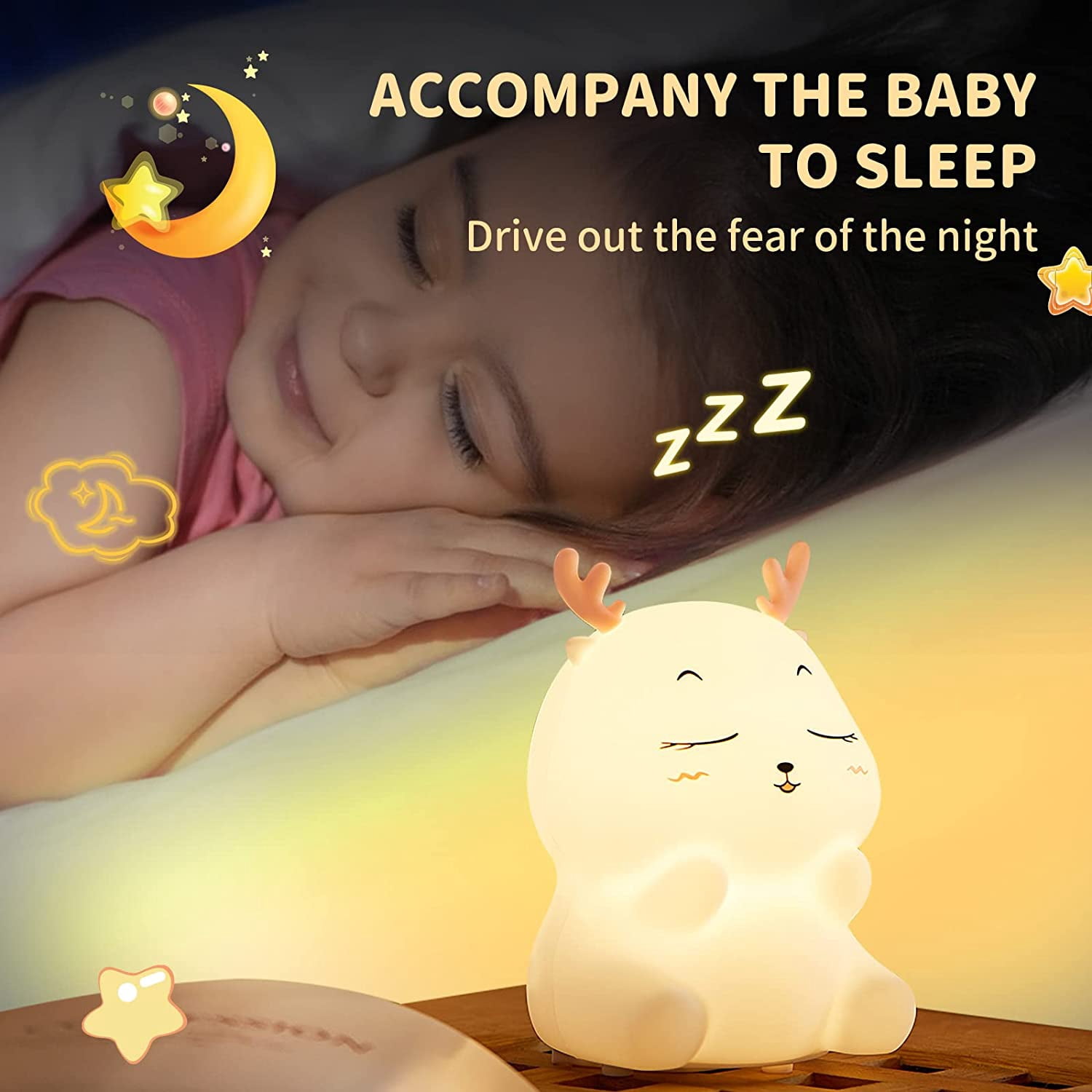 Kids Night Light Rechargeable Night Light Baby Lamp, 7 Colors LED Night Light Girls, Silicone Touch Bedside Lamp for Kids Adult Bedroom Decoration Newborn Gift (Deer)