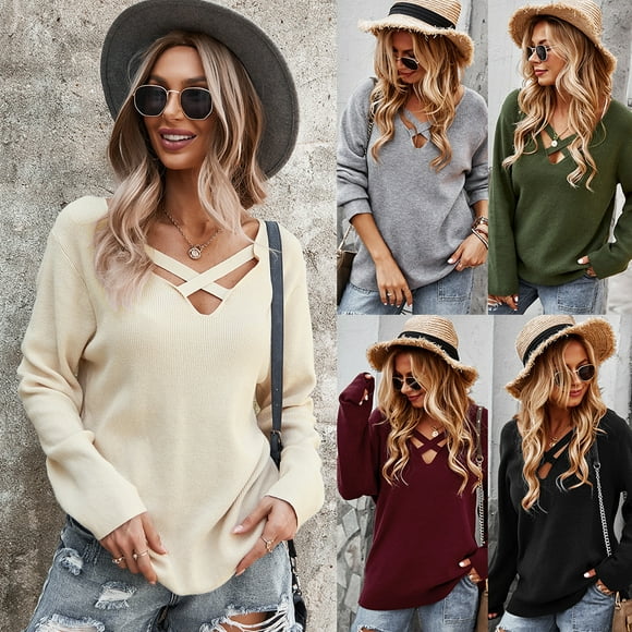 U.Vomade New Ladies Sweater Fashion Versatile V-Neck Long Sleeve Pullover Solid Color Loose Casual Knit Sweater Women's Top