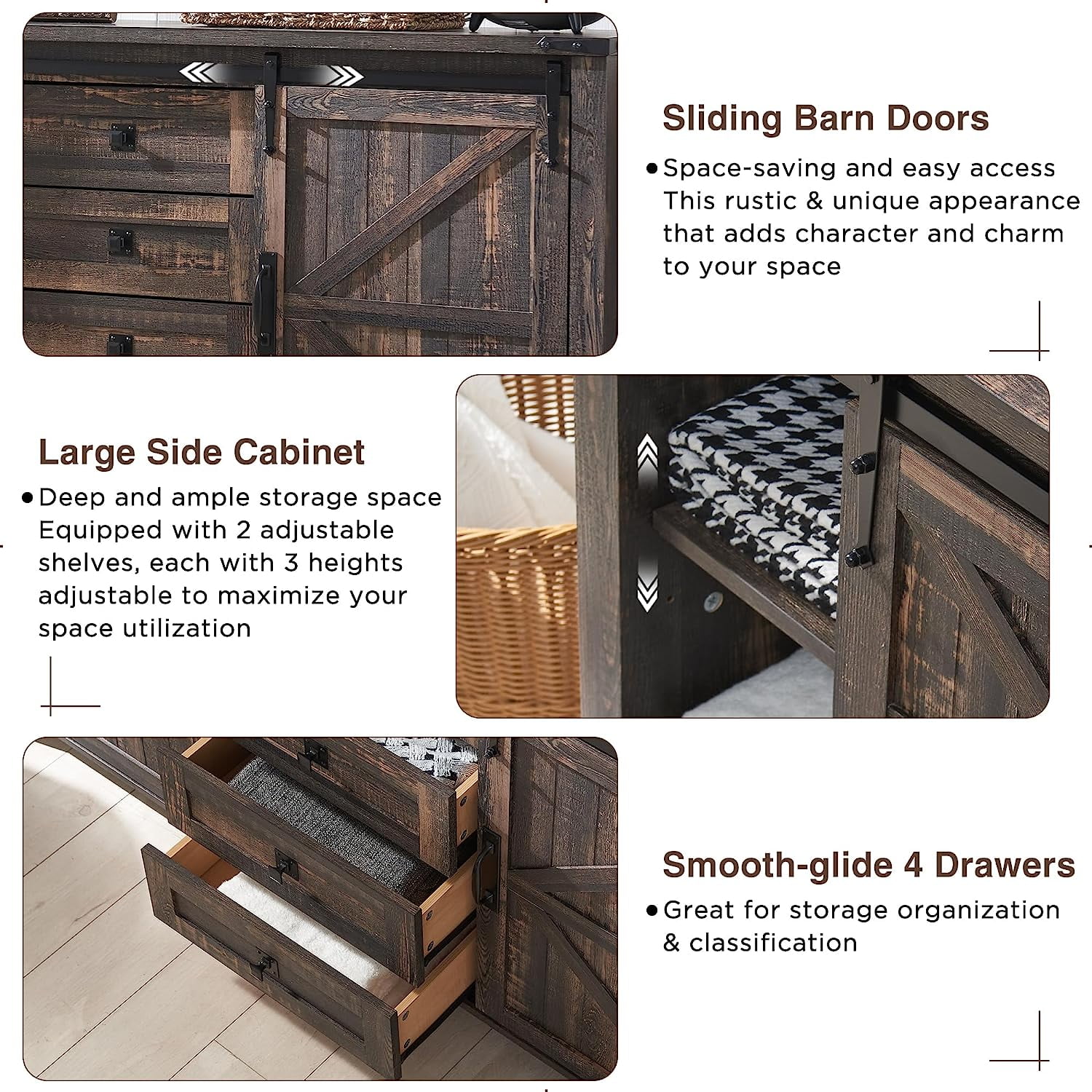 OKD 60" Farmhouse Dresser 4 Drawer Modern Storage Cabinet with Sliding Barn Door for Bedroom, Chest of Drawers Wood Organizer TV Stand for Living Room, Dark Rustic Oak