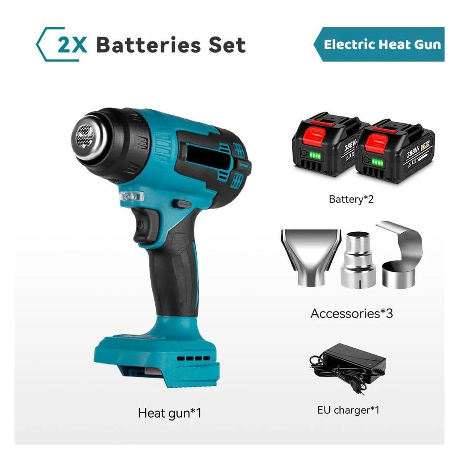 2000W Electric Heat Gun Compatible 18V Battery Cordless Handheld Hot Air Gun with 3 Nozzles Industrial Home Hair Dryer ,Variable Temperature
