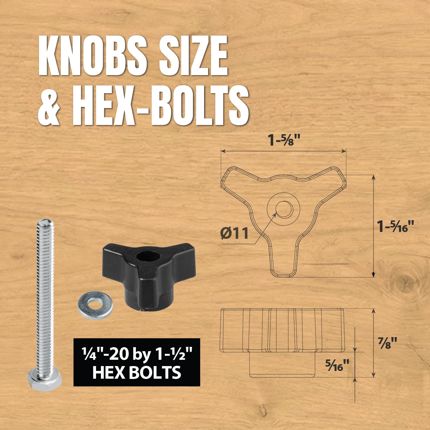 POWERTEC T-Track Knobs Kit and 3" Fence Flip Stop, with 1/4"-20 x 1-1/2" Hex Bolts & 1/4" Washers, T Track Kit, T Track Accessories for Woodworking Jigs and Fixtures, 71888