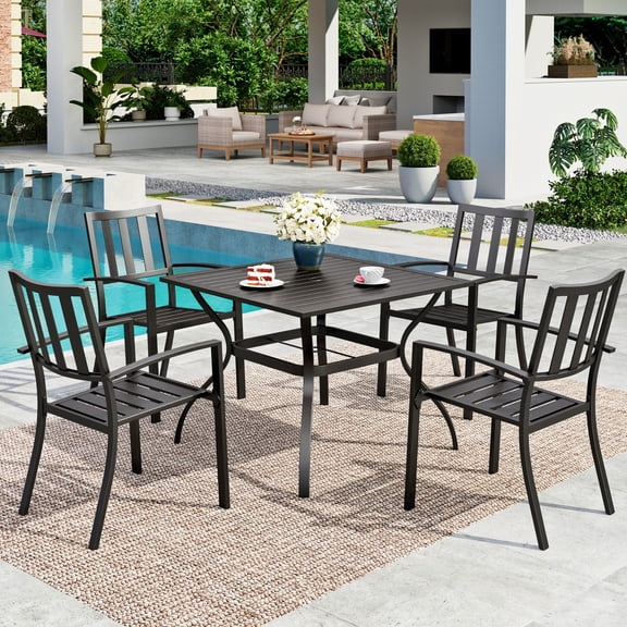 SUMMIT LIVING 5-Piece Patio Dining Set with Stackable Chairs & Square Table for 4-Person, All-Weather Metal Steel, Black