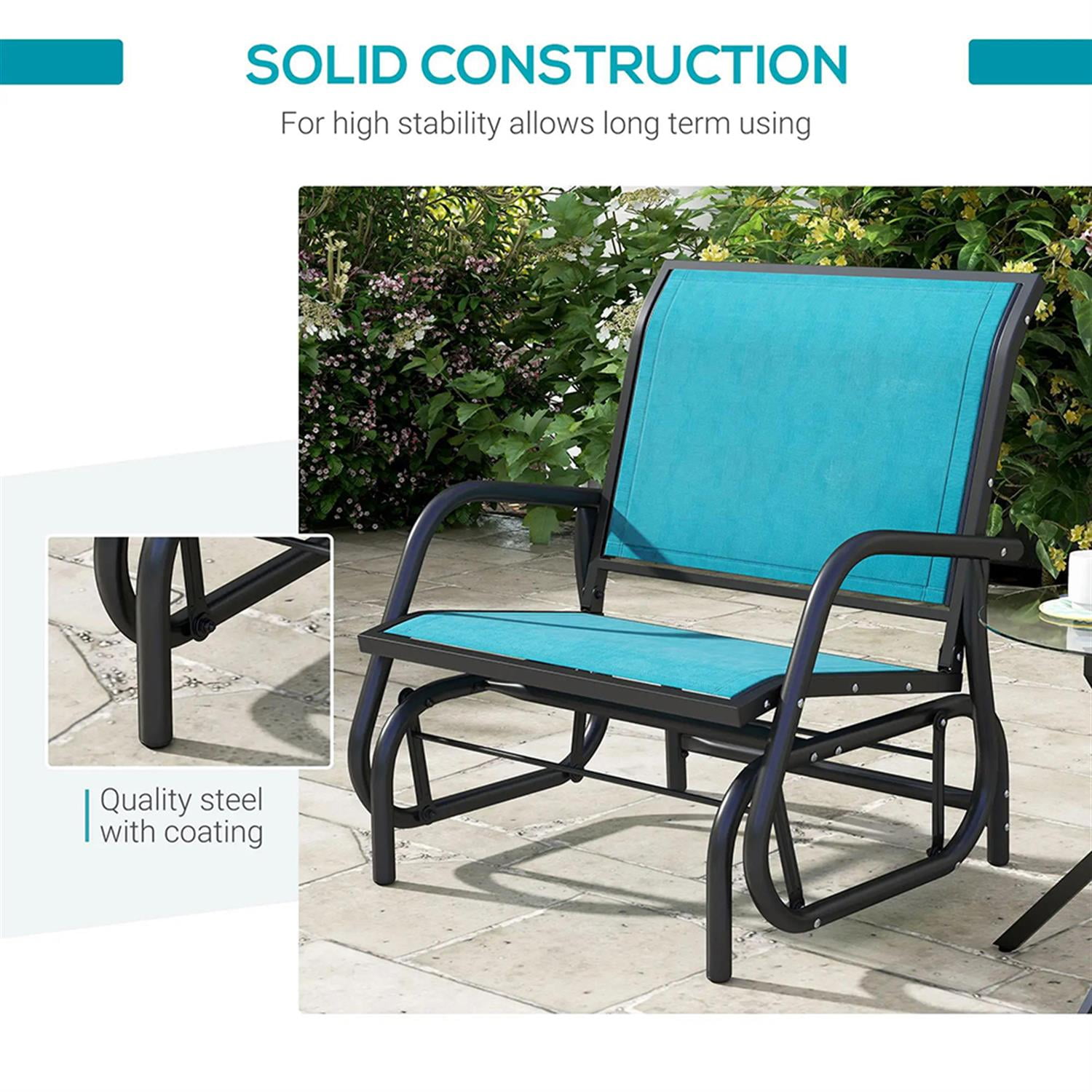 Demi Bonn Outdoor Glider Chairs, Metal Frame Swing Glider Chair with Breathable Mesh Fabric, Curved Armrests and Steel Frame for Garden, Poolside, Backyard, Balcony, Blue