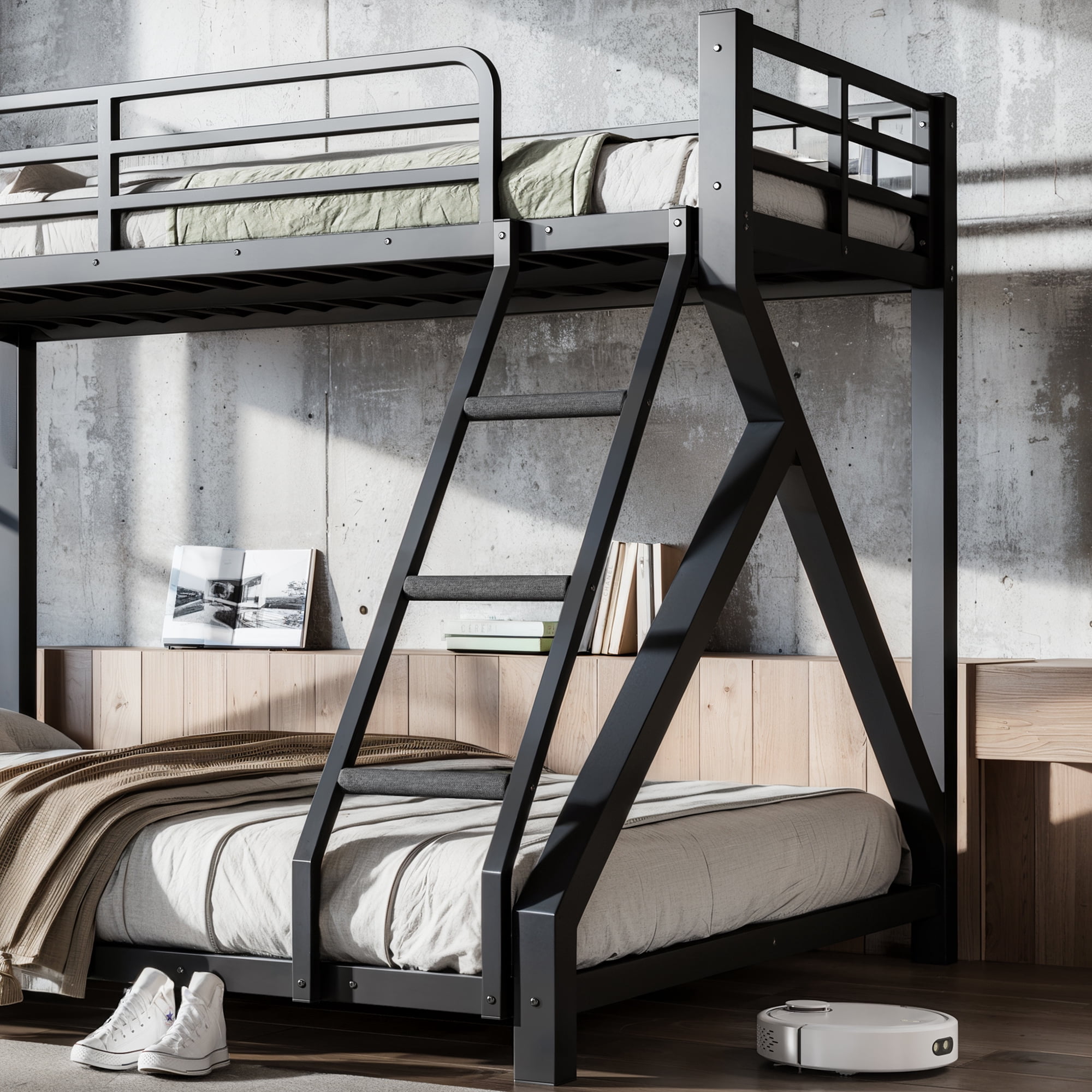 Leumius Twin XL over Queen Bunk Bed Frame with Ladders, Metal Bunk Bed with Full Upgraded Support Slats, Low Profile Bunk Bed for Teens Adults Black