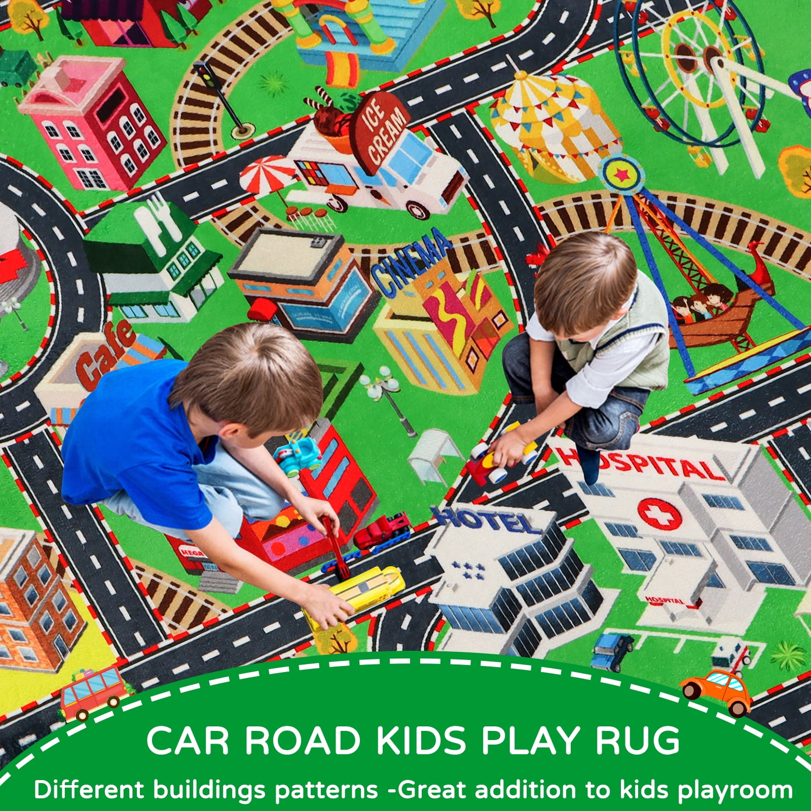 Kids Rug Car Rug for Toy Cars,City Life Road Traffic for Playroom Kid Car Road Rug Village Map Play Mat Non-Slip Washable Play Rug for Toddler Boy Family Tummy Time Playtime