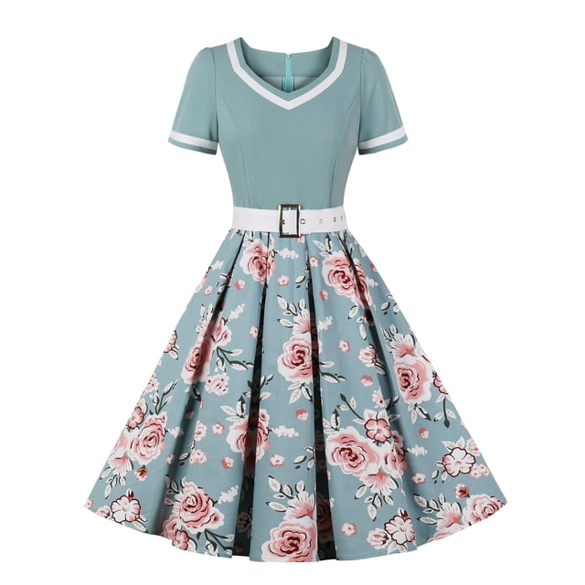 QIPOPIQ Robes de Vacances pour Femmes Manches Courtes Imprimé Vintage Ourlet Robe d'Été Offres 2023