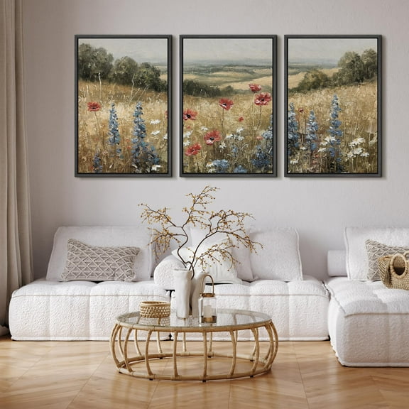 IDEA4WALL Framed Canvas Print Wall Art Set of 3 Rural Splendor Delicate Wildflowers in Meadow Wall Decor Pastel Colorful Floral Field Art Minimal Nordic Zen Artwork - Black 16"x24"x3