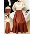 thumbnail image 4 of Women's V-Neck Ruffle Sleeve Midi Dress, Color Block Buckle Cinched Waist Elegant Dress for Office Brunch, 4 of 6