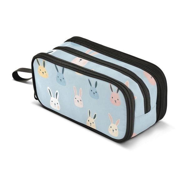 FORMRS Pencil Case with 3 Compartments Zipper Pouch, Elementary School Level and up, Blue Rabbits