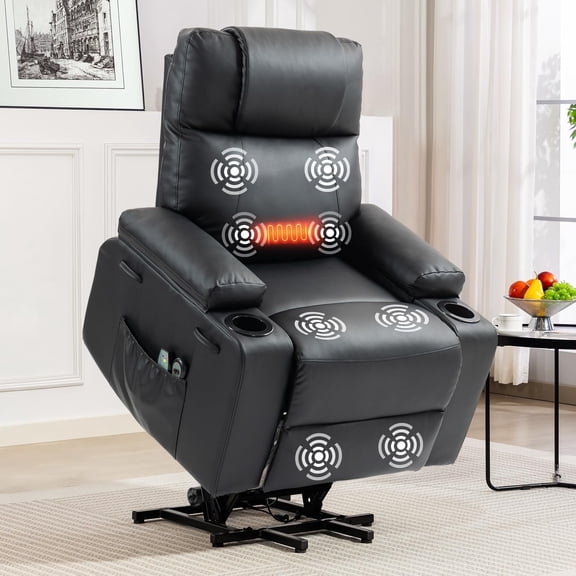 Electric Power Lift Recliner Chair for Elderly with Heat & Massage,160° Adjustable PU Leather Recliner with Remote Control, Stand Assist, Cup Holders & Side Pockets for Living Room Bedroom (Black)
