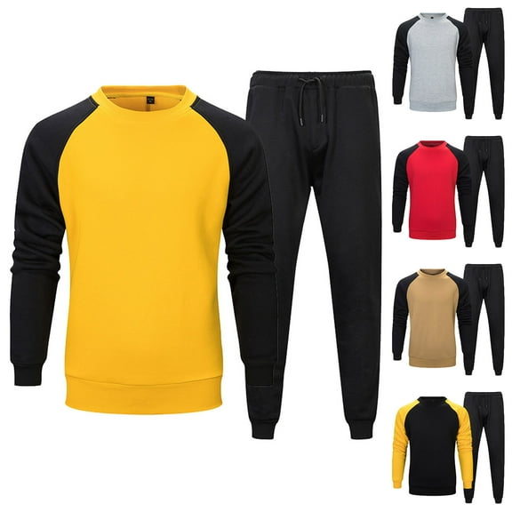 safuny Men's Winter Color Block Pullover Crew Neck Sweatshirts Pockets Casual Activewear Joggers Pants Long Sleeve Sports Tracksuits 2 Piece Loose Raglan Outfits Big&Tall Black L