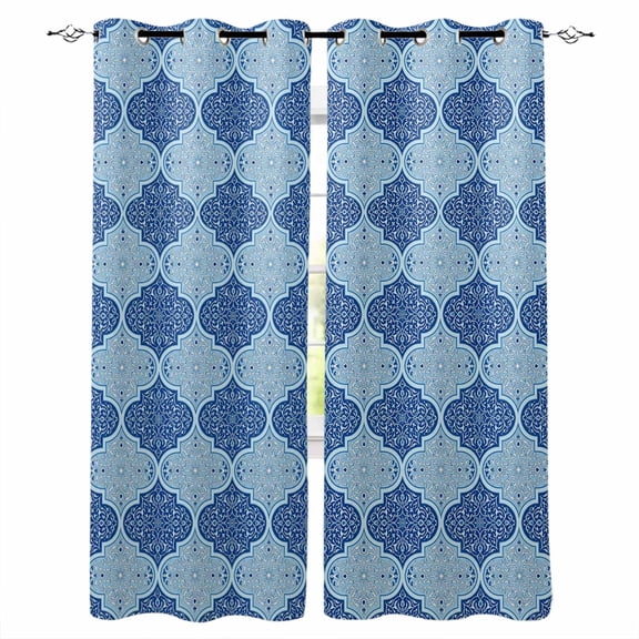 Blue Geometric Blackout Curtains for Bedroom, Thermal Insulated Drapes, Retro Morocco Abstract Art Black Out Curtains 63 Inch Long Room Darkening Kitchen Curtains 42"x63" 2 Panels